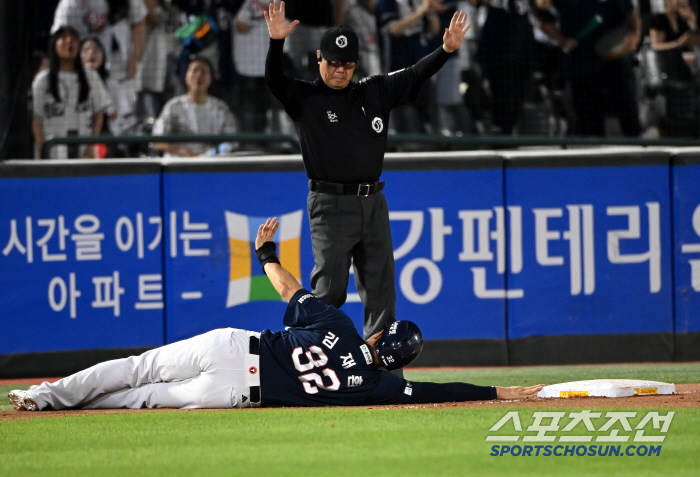 '놓치지 않을 거야' 넘어지면서도 손끝으로 베이스 터치→바짝 엎드려 타임…