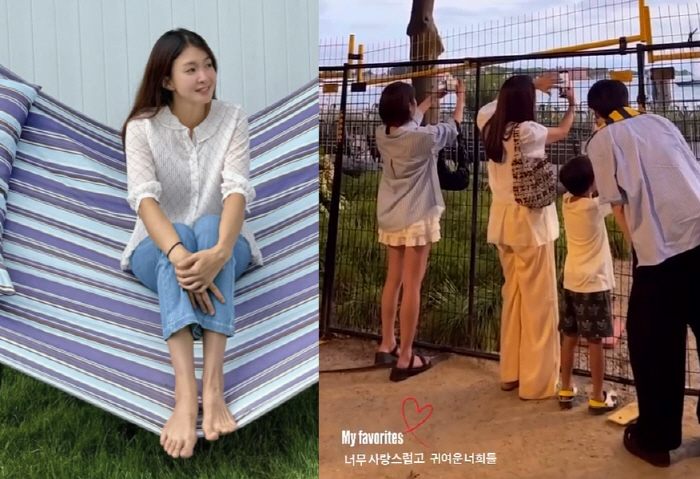 이시영, '둘째 임신' 고백 후 가족 옆에서 '힐링'...7세 子와 미국…
