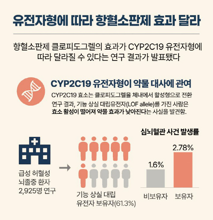 뇌졸중 치료, 유전자형 따라 다르게 접근해야…항혈소판제 치료 효과 차이