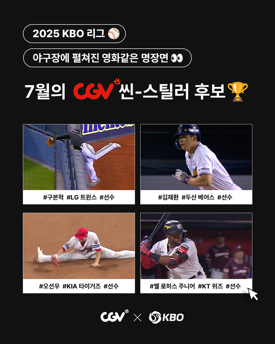 구본혁·김재환·오선우·로하스 '월간 CGV 씬-스틸러상' 7월 수상자 후…