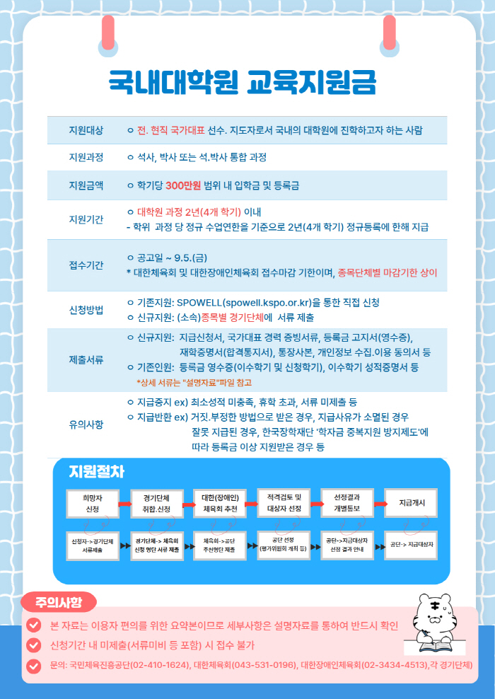 체육진흥공단, 2025년 하반기 국내대학원 교육지원금 대상자 모집