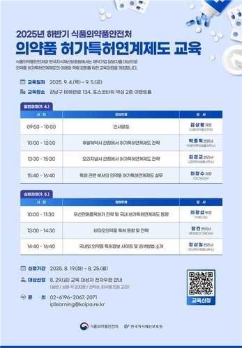 [게시판] 식약처, 9월 '의약품 허가특허연계제도' 교육 연다