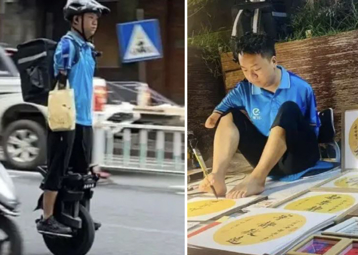 양팔 없는 남성, 배달·서예로 가족 부양·기부…"날 보며 희망 갖기를"