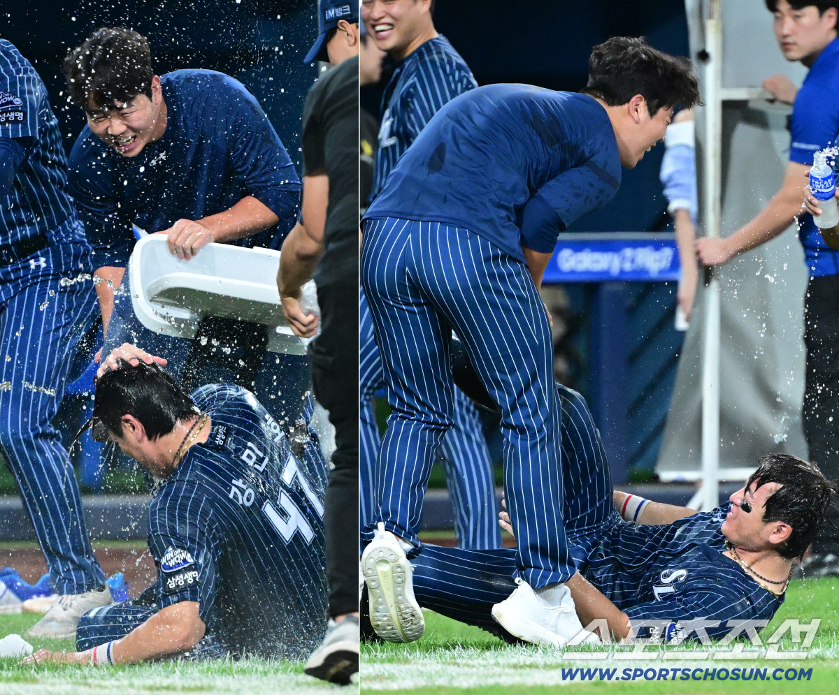 '이게 축하야?' 350홈런 강민호, 물세례 받다 아이스박스 머리 직격에…
