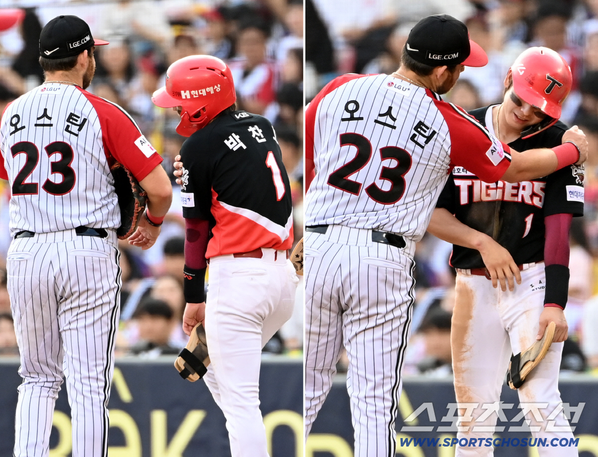 '많이 아파?' 사구 맞은 박찬호 향한 오스틴의 따뜻한 손길...'고통아…