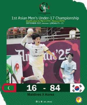 한국, U-17 아시아 남자 핸드볼 2차전서 몰디브 꺾고 8강 진출