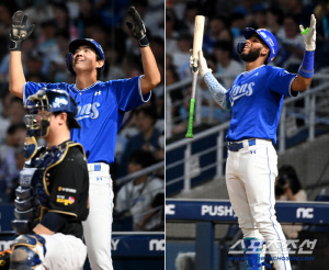 디아즈 따라하는 구자욱, 닮은꼴 '브로맨스' 세리머니로 케미 폭발...사자군단 3연승 이끈 홈런 듀오[창원 현장]