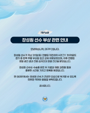 [공식발표]'대구FC 안 풀린다' 장성원, 전방 십자인대 파열 '시즌 아웃'