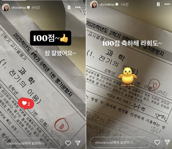 슈, 쌍둥이 라희·라율 잘 키웠네..성적표 공개 "나란히 100점"
