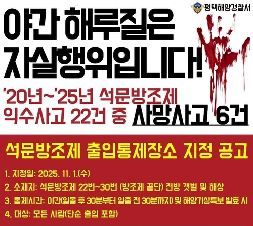 9월에만 해루질객 3명 사망…당진 석문방조제 야간출입 통제