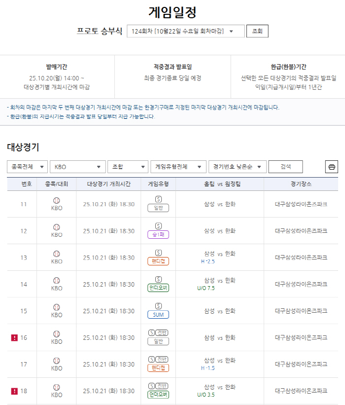 '삼성, 안방서 시리즈 주도권 잡을까' 프로토 승부식 124회차, PO …