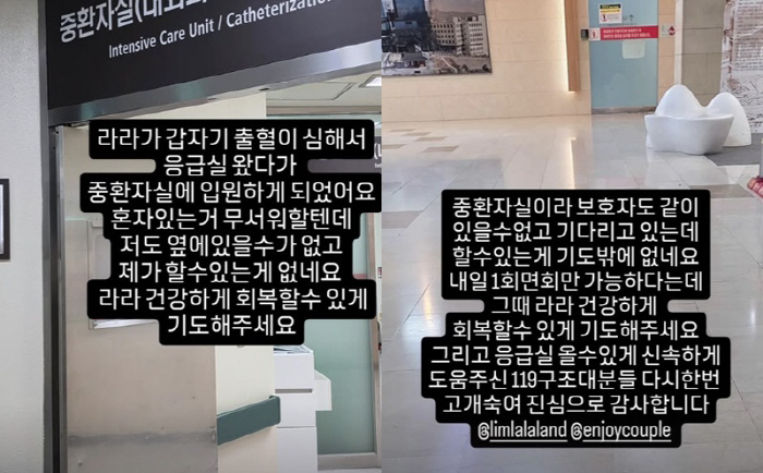 '중환자실行' 임라라, 수혈 받았다..♥손민수 "급히 소식 전한다"