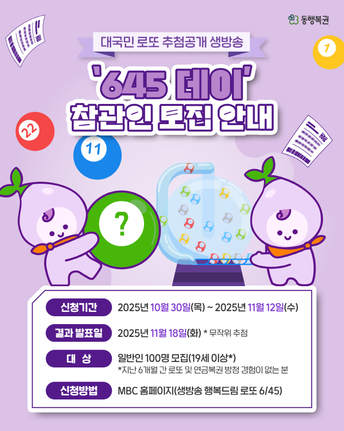 동행복권, 내달 29일 로또 추첨 생방송 '645 데이' 개최