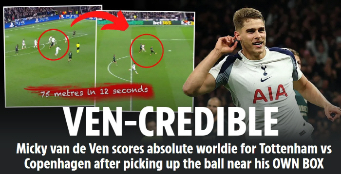 "Wow, Just Wow" 손흥민도 놀랐다, 판 더 펜 75m 환상골→…
