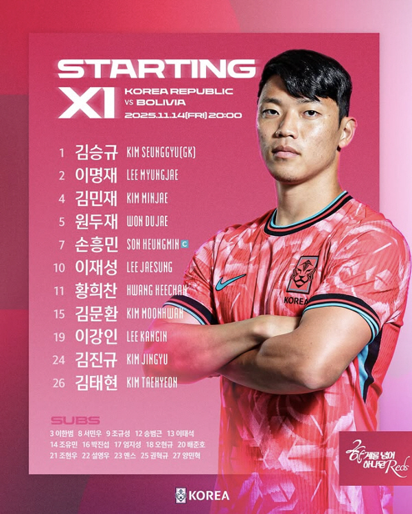 [현장라인업]'손흥민 선봉-이강인 2선-조규성 벤치' 포백 돌아온 홍명보…