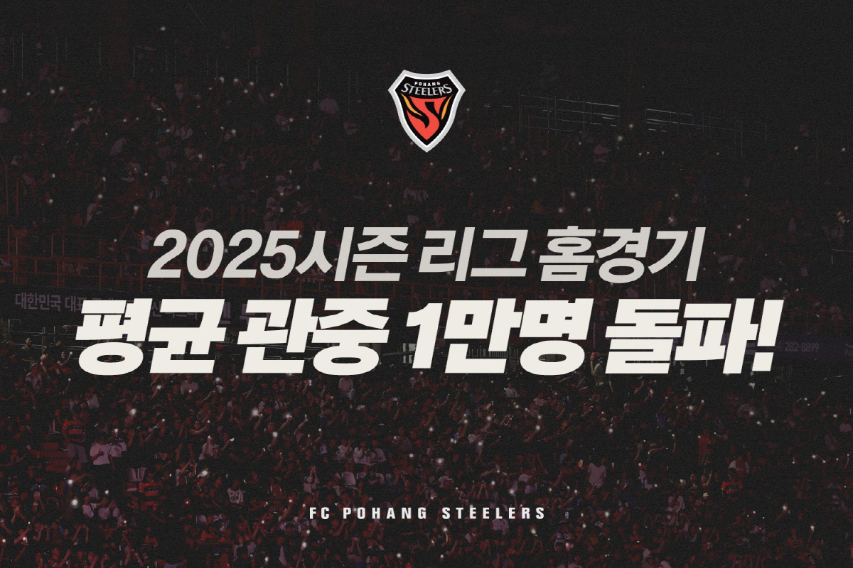 포항 스틸러스, 2025시즌 홈경기 '평균 관중 1만' 돌파!…유료 관중…