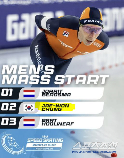 "2연속 포디움 보인다!" 빙속★정재원 ISU 3차월드컵 매스스타트 2위…