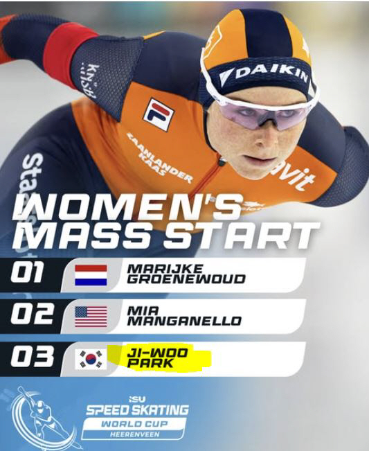 "2연속 포디움 보인다!" 빙속★정재원 ISU 3차월드컵 매스스타트 2위…