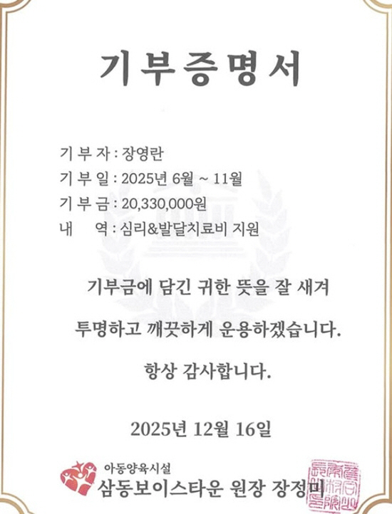 '한창♥' 장영란, 금액보다 빛난 '인성'…아동 위해 '2000만 원 기…