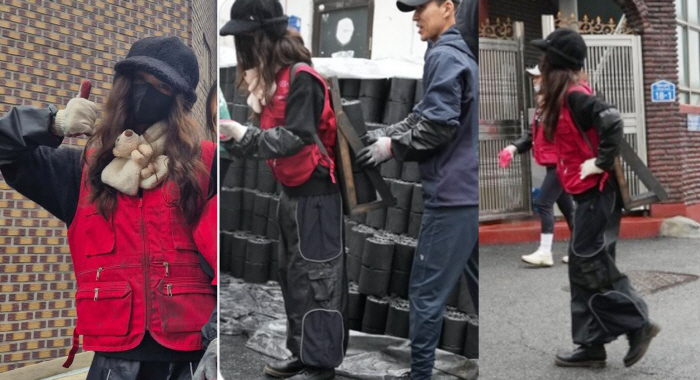 '연탄 지게 멘' 뉴진스 다니엘 포착..어도어 복귀 통보 후 션과 봉사