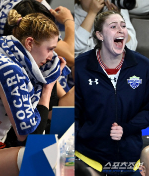 부상에 '눈물' 흘리던 카리, 동료들이 선물한 풀세트 승리에 '활짝'[화성 현장]