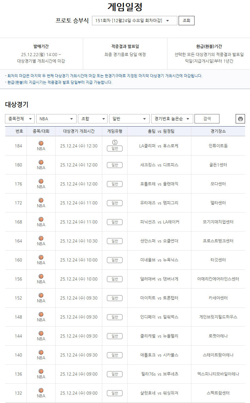 크리스마스 주간 NBA 주요 경기 대거 포함… 프로토 승부식 151회차 …