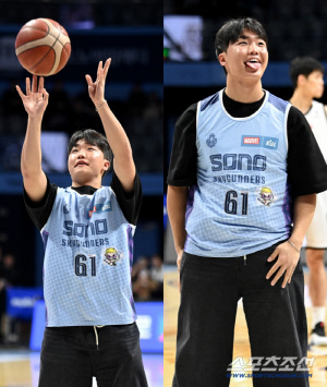 '마운드가 그립네요' 정우주, 농구 시투 3연속 실패…애교로 '위기 탈출'[고양 현장]