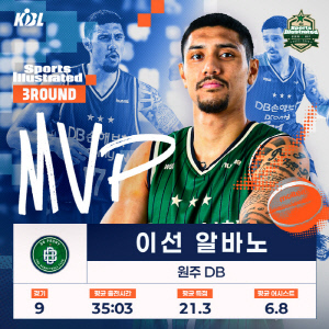 '한국 진출 후 첫 영광' DB 이선 알바노, 3라운드 MVP…국내 데뷔 후 첫 수상, DB는 2시즌 만에 MVP 배출