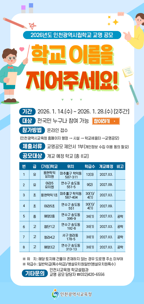 인천시교육청, 내년 개교 8개 학교 명칭 공모
