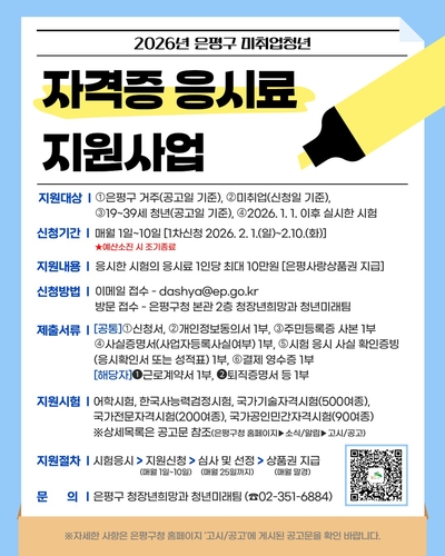 은평구, 미취업청년에 자격증 응시료 최대 10만원 지원