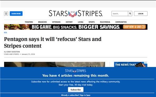 美국방부, 軍 기관지 '성조'지 편집 독립성 규정 폐지