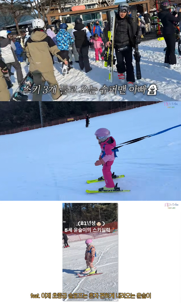 한지혜 검사 남편, 스키 3개 번쩍 든 '슈퍼맨 아빠'..10년만 얻은 딸에 꿀 뚝뚝