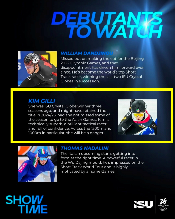 "미쳤다! ISU가 픽한 괴력의 람보르길리" '올림픽 데뷔' 김길리 1500-1000m 초강력 우승후보"...18세 임종언도 주목할 韓 쇼트트랙 신성+단풍국 단지누 5관왕 도전[밀라노-코르티나2026]