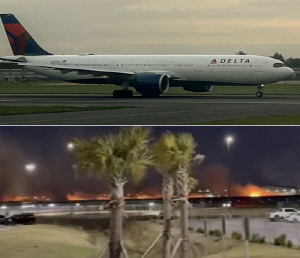 美 여객기, 엔진 폭발로 긴급 회항…활주로 옆 수백미터 불길 치솟아