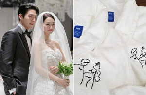 '김우빈♥' 신민아, 직접 그린 신랑·신부 '커플 샤워가운'에 딱..사진집 선물까지 
