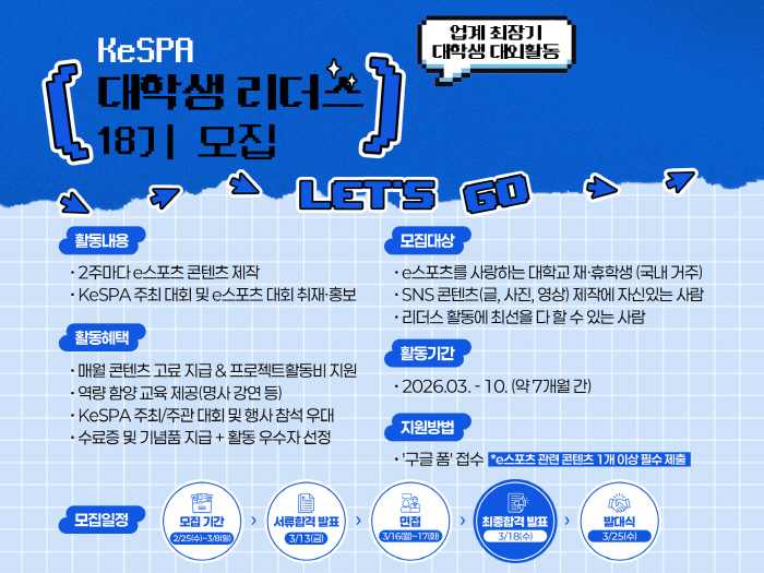 한국e스포츠협회, 2026년에 활동할 'KeSPA 대학생 리더스' 18기 모집