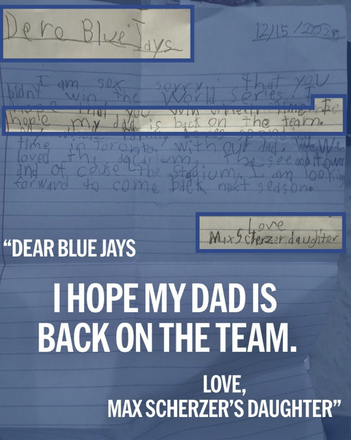 어머나, 삐뚤빼뚤 글씨로! 슈어저의 8살 딸이 토론토에 보낸 편지, "아빠와 계약해 주세요"