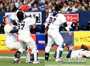 박동원, 드러누운 문보경 배에 공 '툭'…'내가 잡는다 했잖아' 능청스런 모습에 '폭소'[오사카 현장]