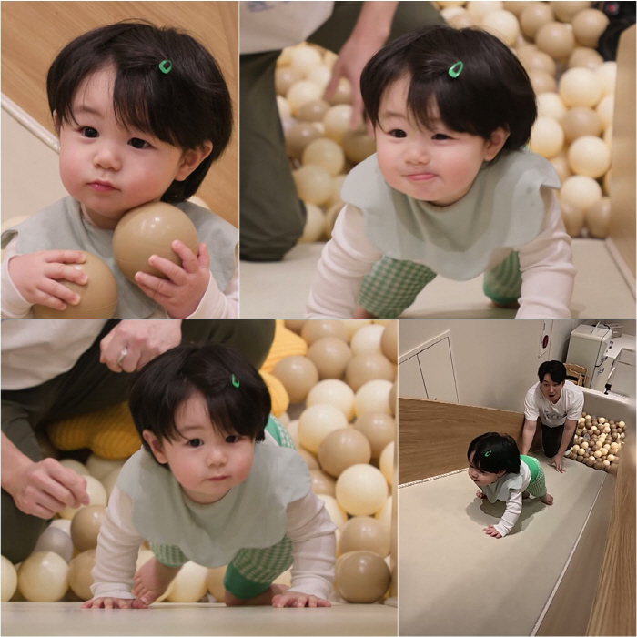 '심형탁子'하루, 입술 앙 물고…거침없이 미끄럼틀 등반 도전('슈돌')