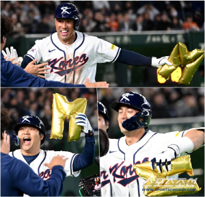 비행기 세리머니에 금빛 'M자' 풍선 추가요! 홈런 4방에 신바람 난 한국…마이애미 향한 열망을 담다