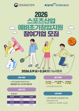 국민체육진흥공단, 2026년 스포츠산업 창업·액셀러레이팅 지원 사업 참여기업 모집