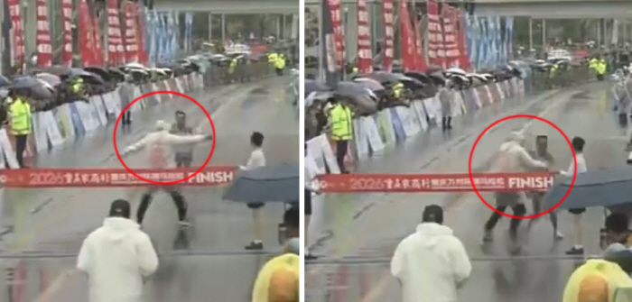 마라톤 우승자 결승선 앞에서 막은 관계자, 이유가 '황당'