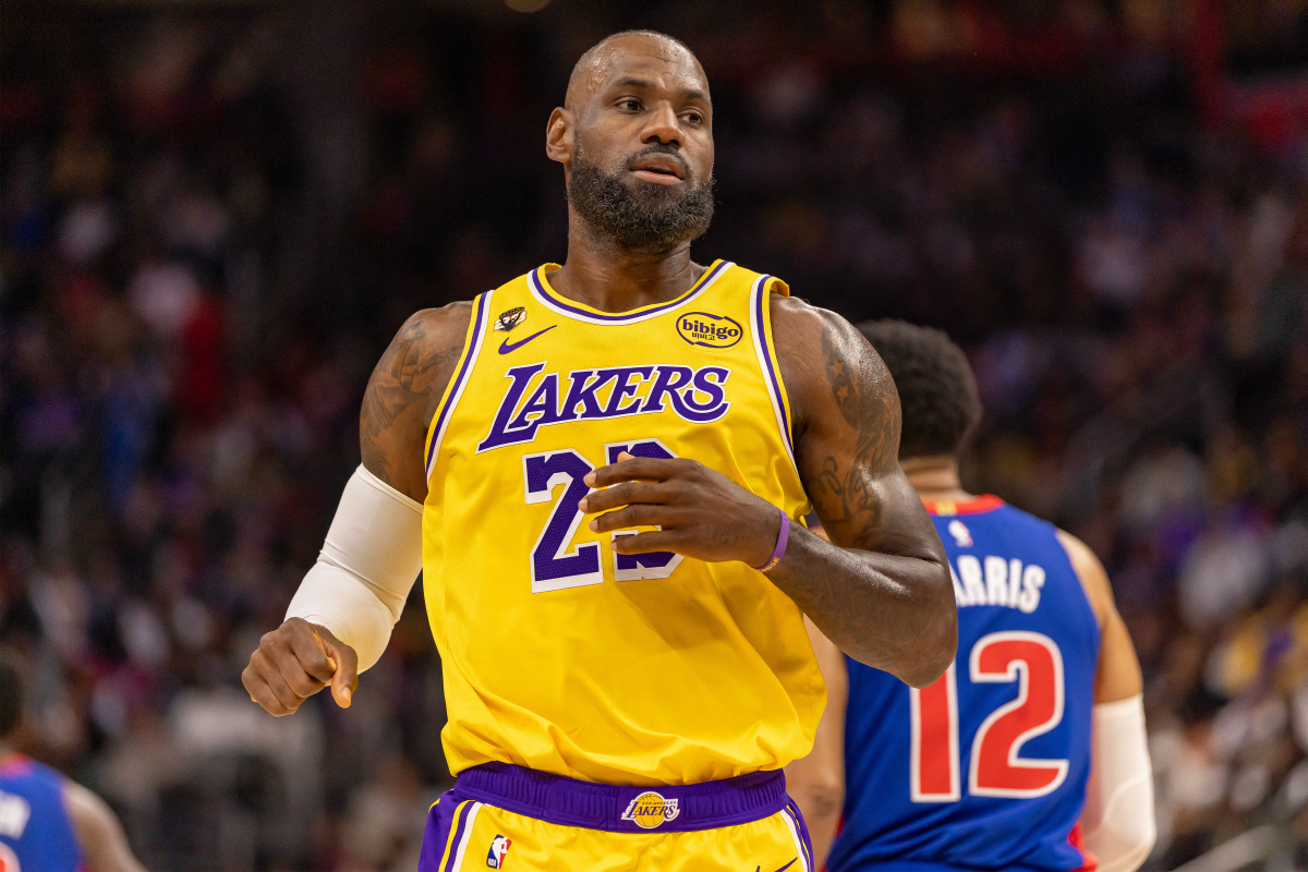 Mar 23, 2026; Detroit, Michigan, USA; Los Angeles Lakers LeBron James (23) runs up court against the Detroit Pistons during the first quarter at Little Caesars Arena. Mandatory Credit: David Reginek-Imagn Images