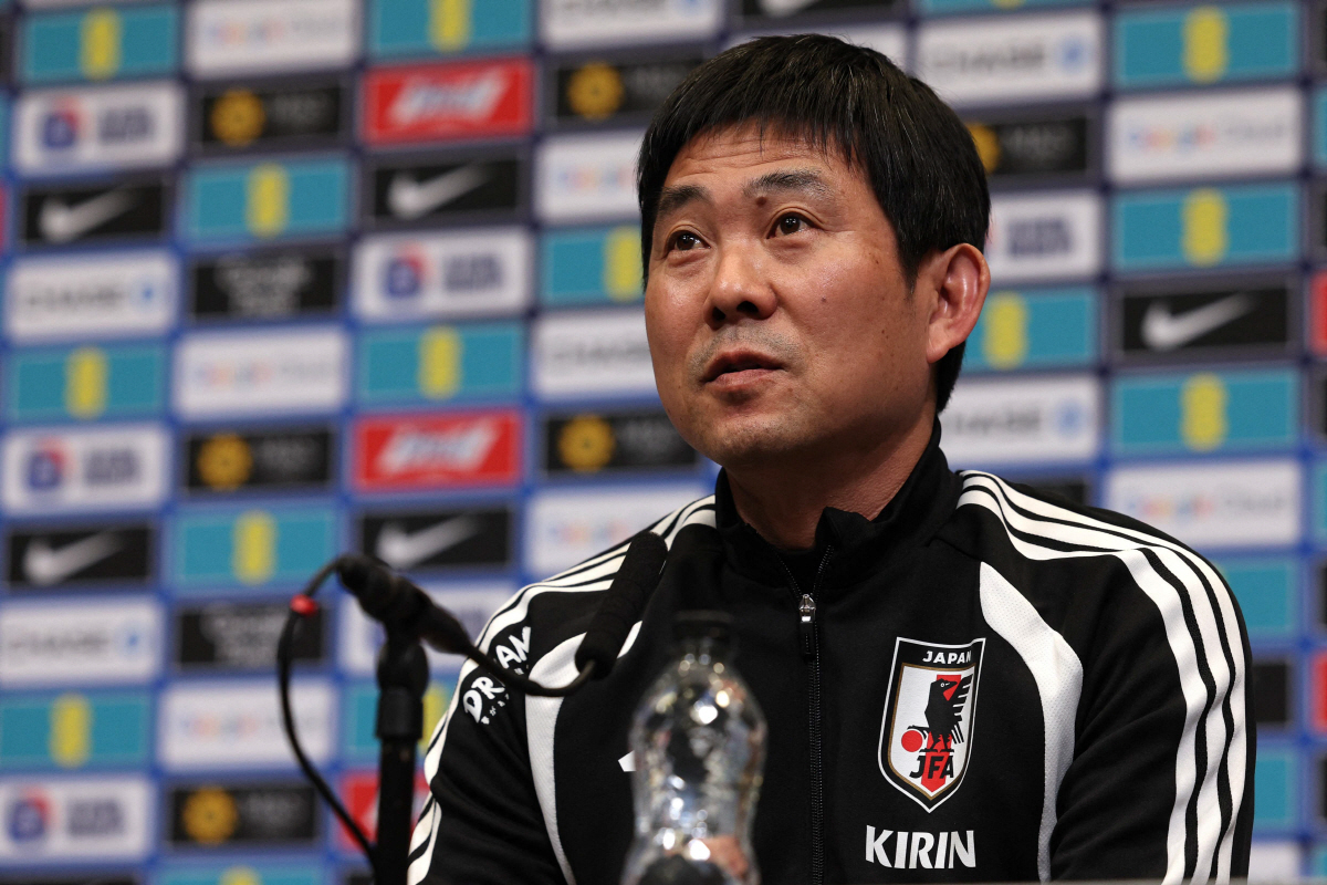 Japan's Head Coach Hajime Moriyasu attends a press conference at Wembley Stadium, in London, on March 30, 2026, on the eve of their international friendly football match against England. (Photo by Adrian Dennis / AFP)