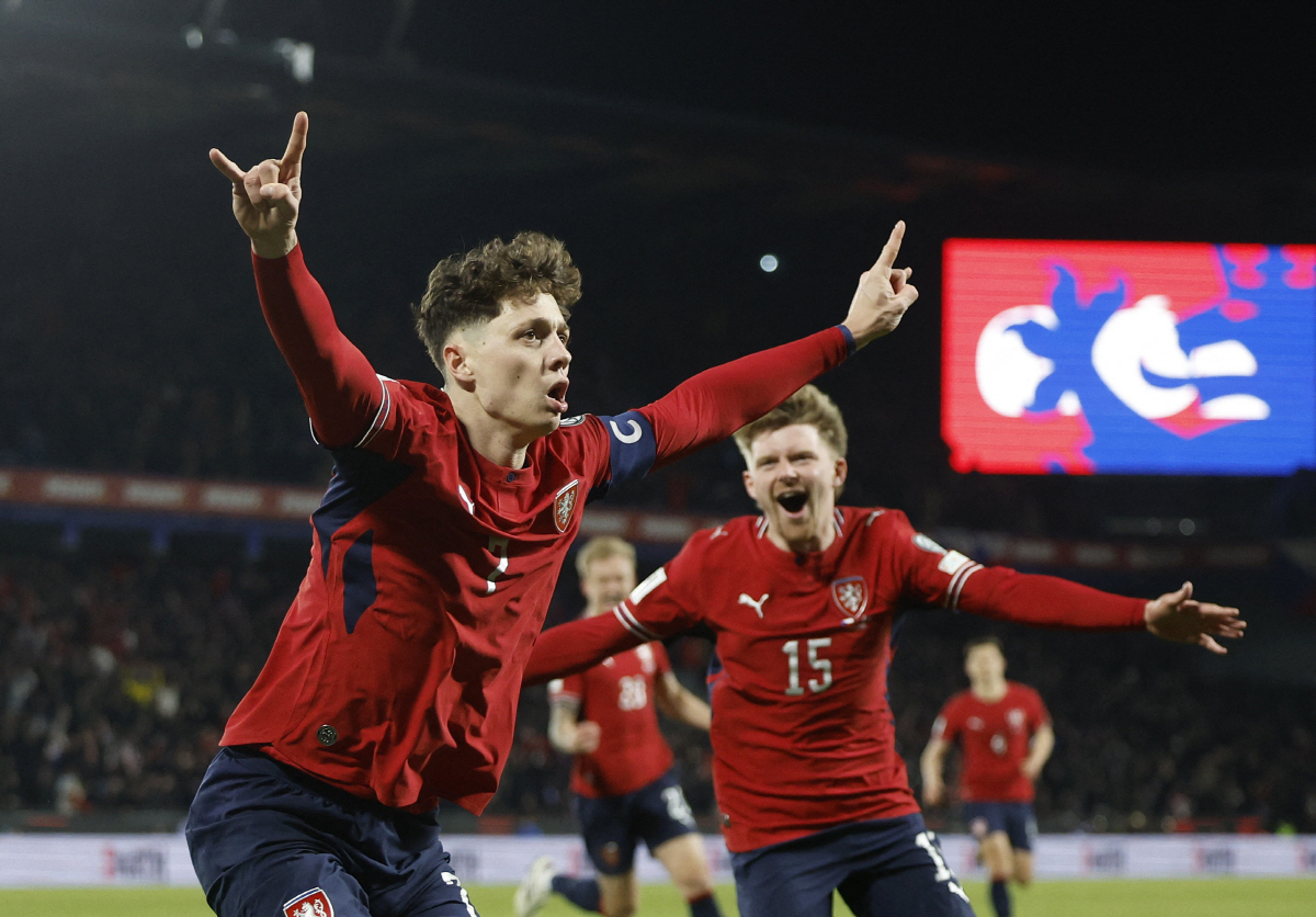 Soccer Football - FIFA World Cup - UEFA Qualifiers - Finals - Czech Republic v Denmark - epet ARENA, Prague, Czech Republic - March 31, 2026 Czech Republic's Ladislav Krejci celebrates scoring their second goal REUTERS/David W Cerny