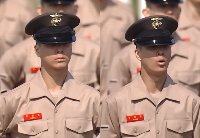 '해병대 입대' 정동원, 한달만 근황..군복입고 애국차 열창, 늠름한 자태