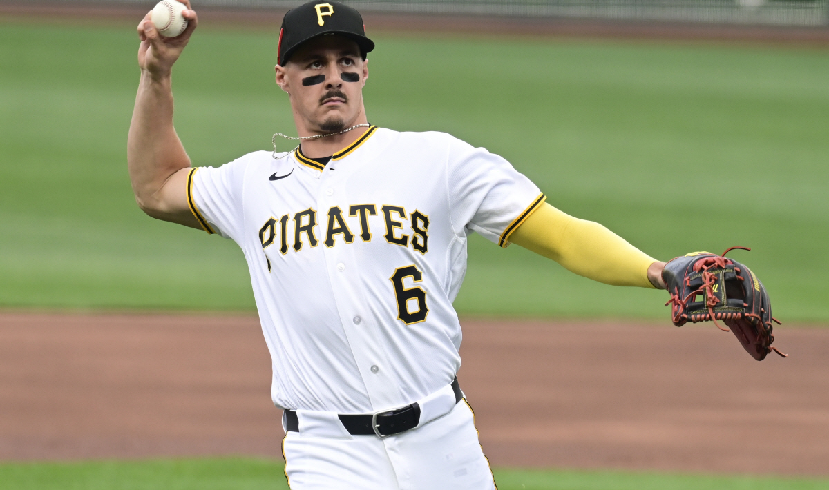 Pittsburgh Pirates shortstop Konnor Griffin (6) throws the ball to a fan after fielding the third out of the first inning of the Pirates Home Opener against the Baltimore Orioles at PNC Park on Friday, April 3, 2026 in Pittsburgh. Photo by Archie Carpenter/UPI