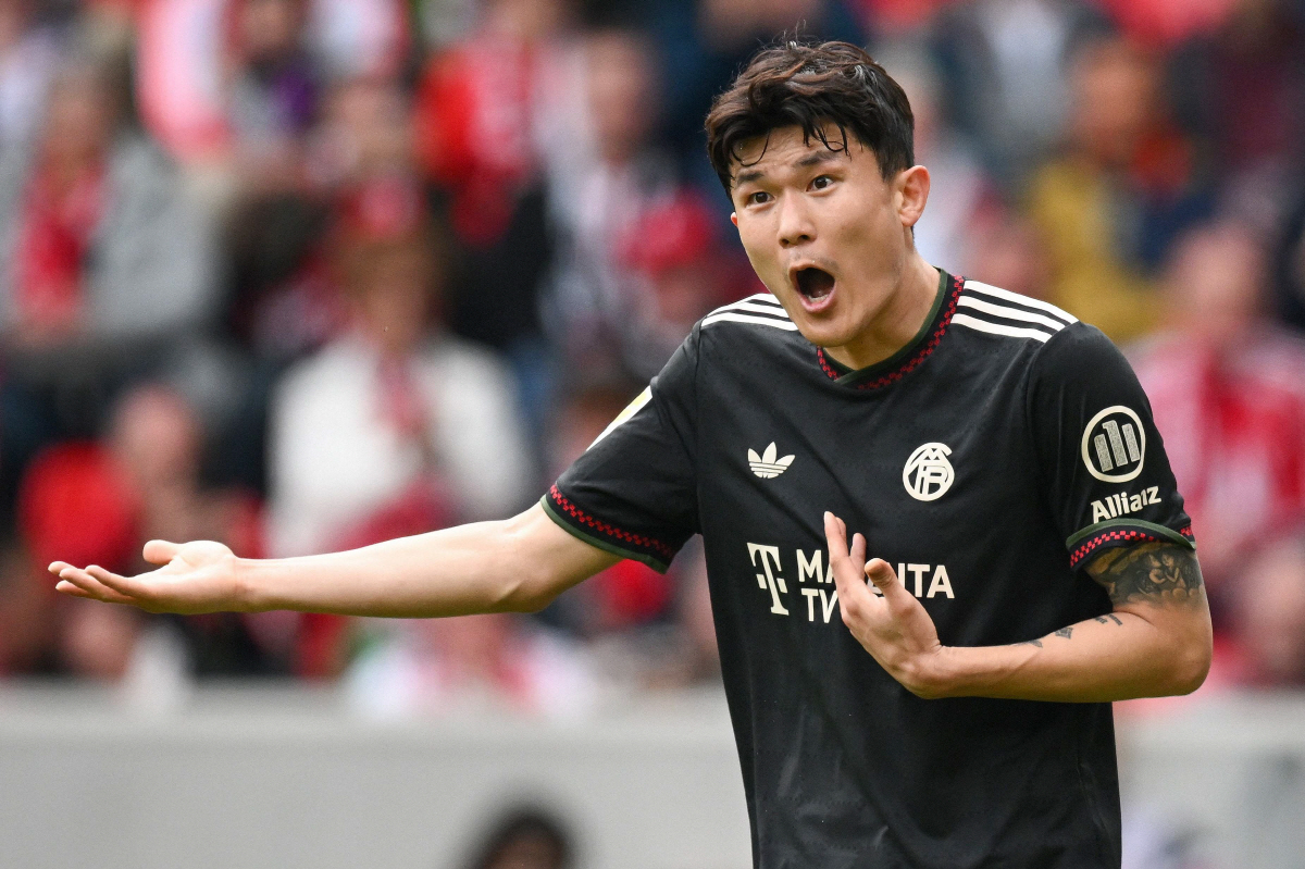 Bayern Munich's South Korean defender #03 Kim?Min-Jae reatcs during the German first division Bundesliga football match between SC Freiburg and FC Bayern Munich in Freiburg, southern Germany on April 4, 2026. (Photo by Silas STEIN / AFP) / DFL REGULATIONS PROHIBIT ANY USE OF PHOTOGRAPHS AS IMAGE SEQUENCES AND/OR QUASI-VIDEO