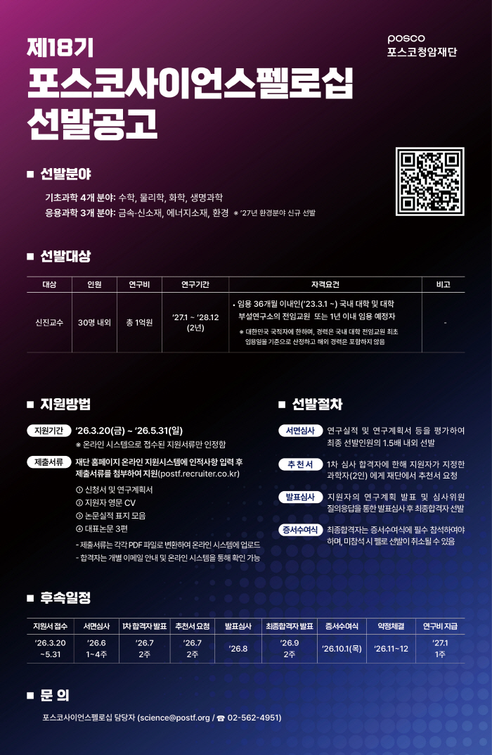 포스코청암재단, 제18기 포스코사이언스펠로십 모집 "환경 분야 신설, 지원 확대"