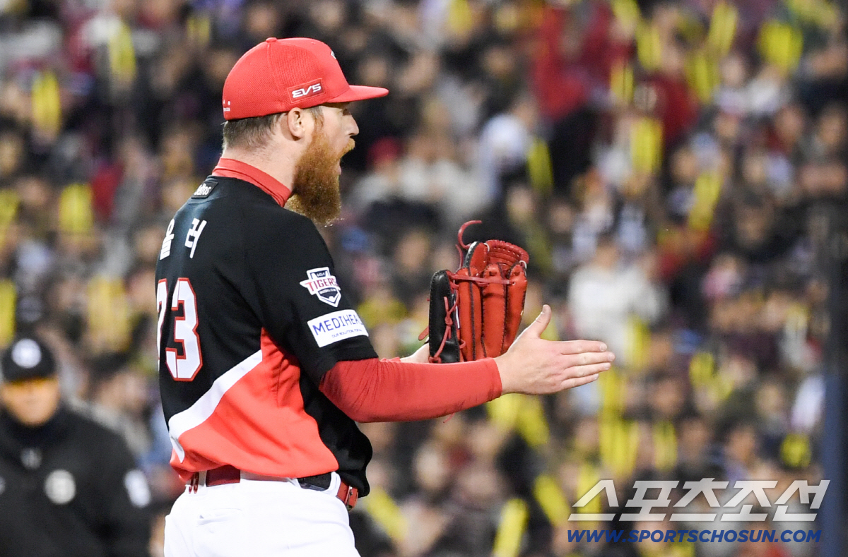 31일 잠실구장에서 열린 LG와 KIA의 경기. KIA 올러가 6이닝 무실점 호투를 펼친 뒤 환호하고 있다. 잠실=박재만 기자 pjm@sportschosun.com/2026.03.31/